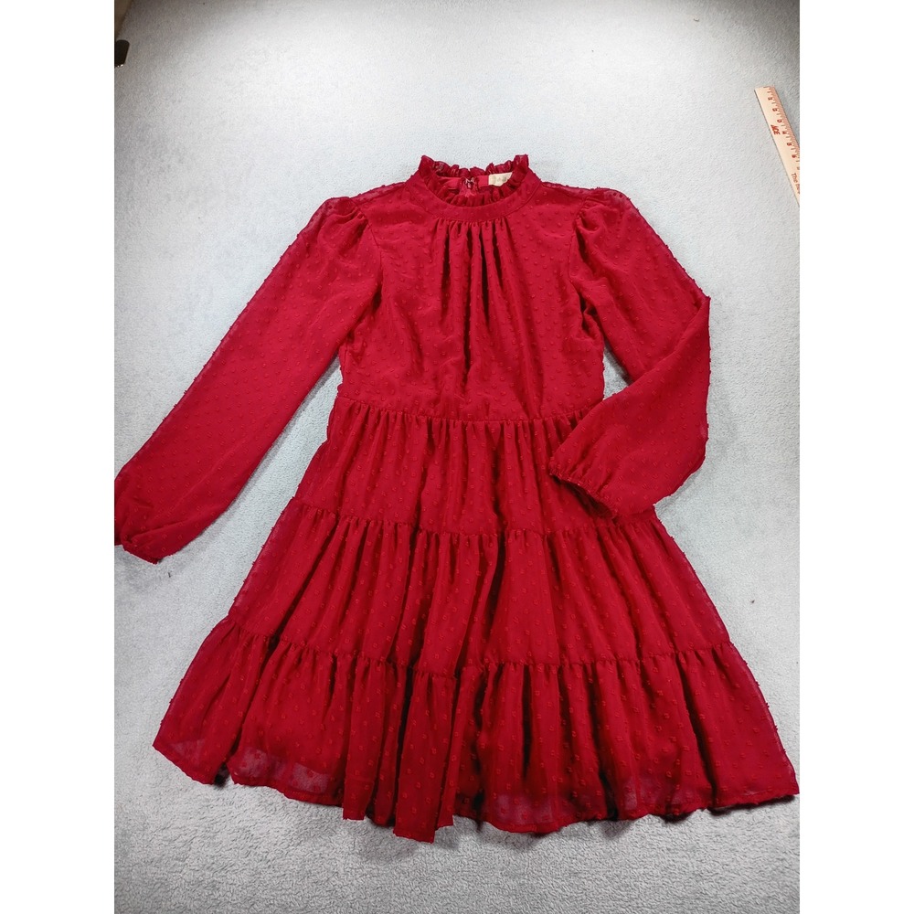 Altar'd State Womens Swiss Dot Tiered Dress Red M Ruffle Neck